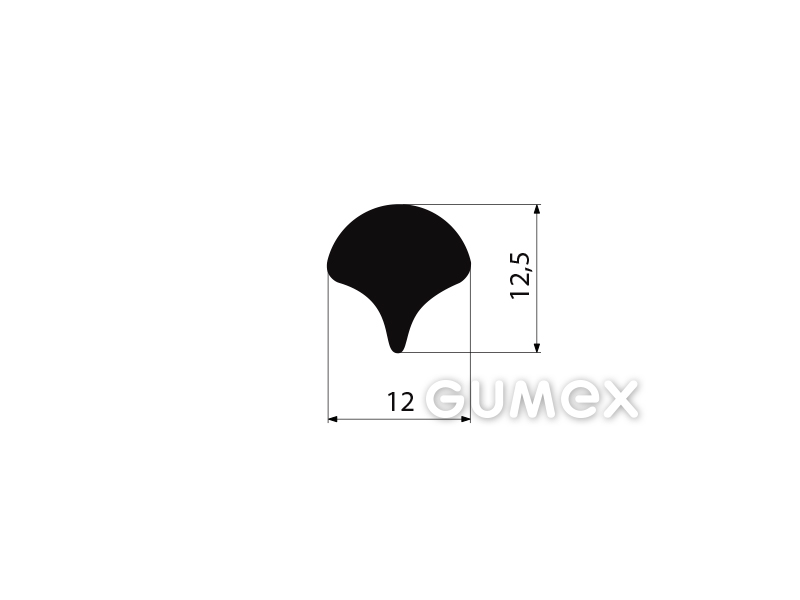 Pryžový klínek do profilů do oken dopravních prostředků, 12,5x12mm, 70°ShA, EPDM, -40°C/+100°C, černý